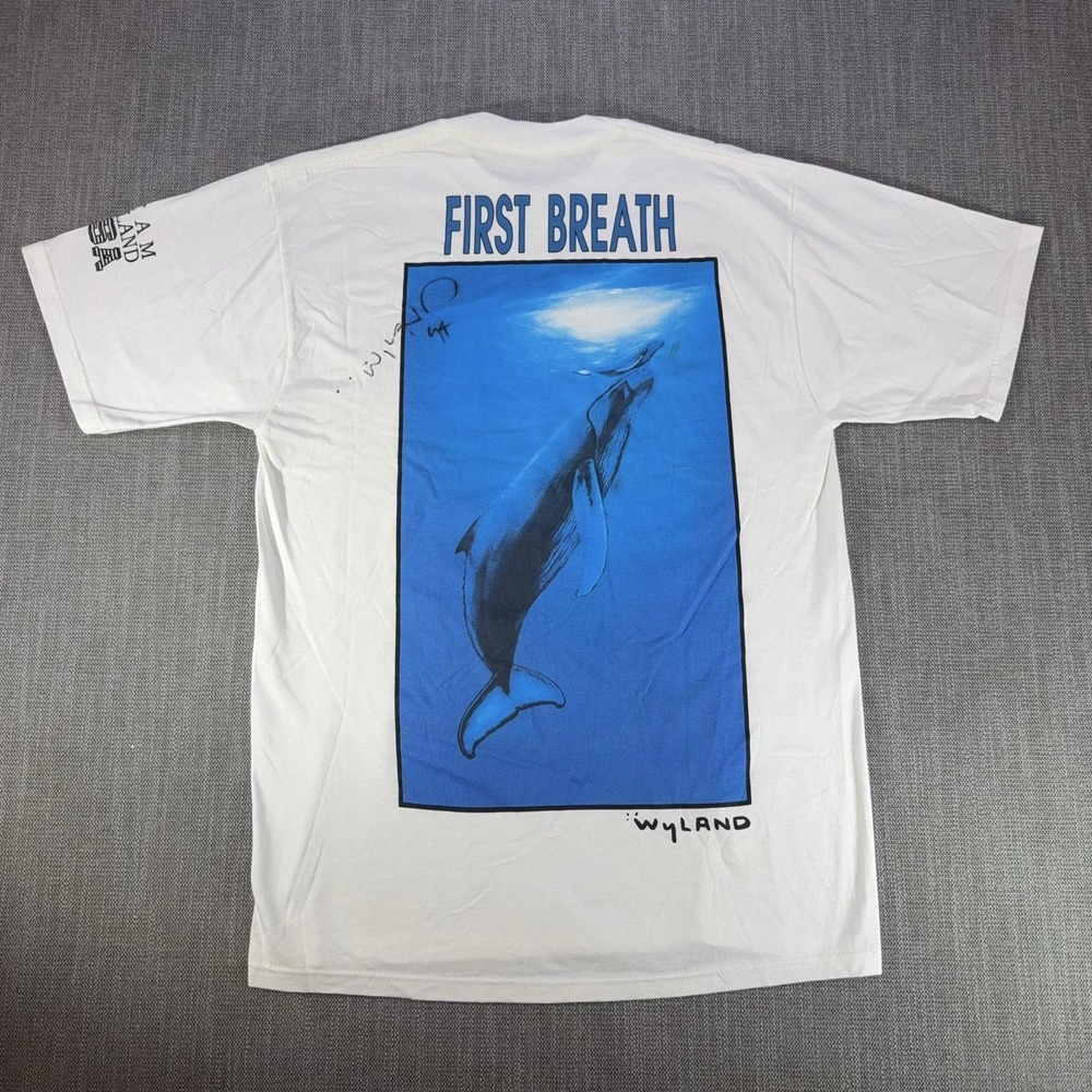 Wyland Shirt Mens Medium White First Breath Whale Dolphin Graphic Tee USA Signed